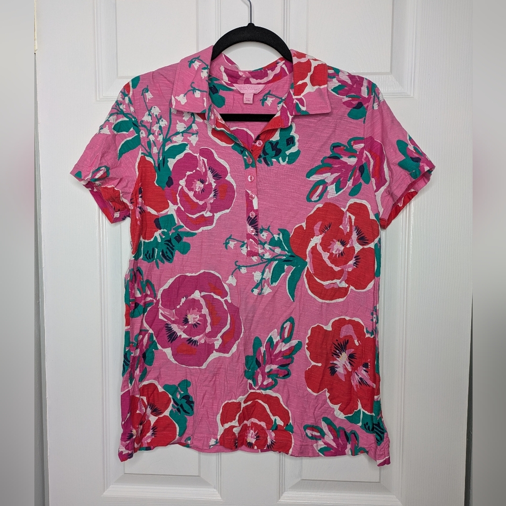 Lilly Pulitzer Short Sleeve Floral Polo Shirt Size Large